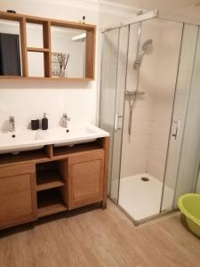 W łazience znajduje się umywalka i prysznic. w obiekcie Prête-moi ta plume - T5 moderne dans une ancienne école en bord de mer w mieście Plougastel-Daoulas