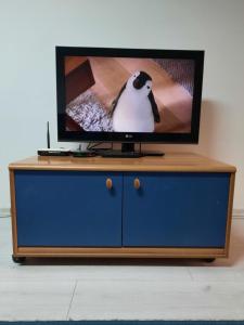 Telewizor na niebieskiej szafce z pingwinem w obiekcie Apartman Vuk w mieście Pale