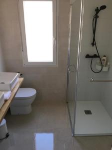 a bathroom with a shower and a toilet and a sink at La Casita del Alcázar in Medina de Pomar +21 photos