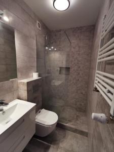 a bathroom with a toilet and a sink and a shower at Elen & K in Polkowice