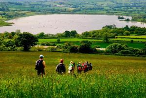 a group of people walking in a field at Old Castle Farm Guest House in Brecon