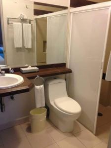a bathroom with a white toilet and a sink at Hotel Las Vegas in Poza Rica de Hidalgo