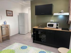 a kitchen with a microwave on a counter with a refrigerator at Casa Du Lac in Kourou