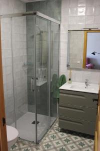 a bathroom with a shower and a toilet and a sink at Casa Rural Abuela Luci 