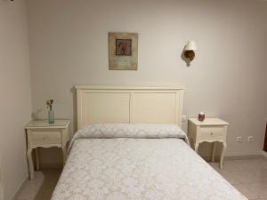 1 dormitorio con 1 cama y 2 mesitas de noche en Hostal Restaurante Puerto Blanco, en El Garrobo