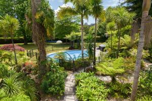 un jardín con piscina y palmeras en Pāteke Lodge, en Kerikeri