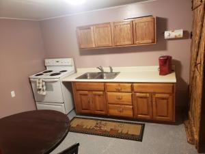 uma cozinha com um fogão branco e um lavatório em Relaxing Stay in the Country Unit 1 em Ozark