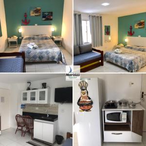 a hotel room with two beds and a room with a kitchen at Apart Hotel Marinas Tamandaré in Tamandaré