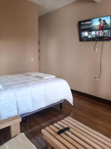 1 dormitorio con 1 cama y TV en la pared en Millennium Apartment, en San Pedro La Laguna