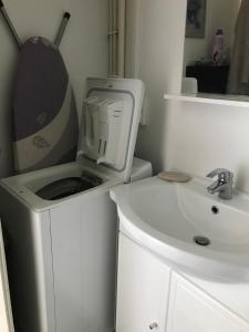 ein weißes Badezimmer mit einem Waschbecken und einer Mikrowelle in der Unterkunft Studio meublé et lumineux 20m2 in Vittel