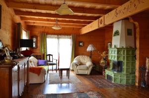 un soggiorno con camino in una casa di legno di Góralska Ostoja a Pcim