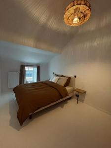 - une chambre avec un lit et un plafond orné d'un lustre dans l'établissement L'Officine - Résidence Le Cercle, à Marche-en-Famenne