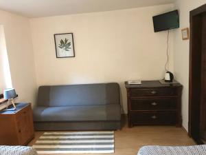 uma sala de estar com um sofá e uma cómoda em Villa Retro em Karpacz
