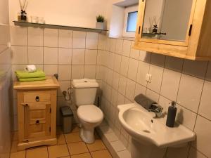 uma casa de banho com um WC branco e um lavatório. em Villa Retro em Karpacz