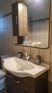 ein Bad mit einem Waschbecken und einem Spiegel in der Unterkunft Cozy modern apartment in Ioannina