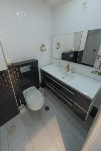 een badkamer met een toilet, een wastafel en een spiegel bij Royal Beach Front Apartments in Netanya