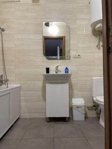 a bathroom with a sink and a toilet and a mirror at Солнечная двушка в порту in Kherson