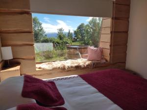 a bedroom with a bed and a window with a view at Tiny House con Tinaja Privada en Pucón in Pucón