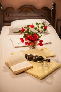 una mesa con una botella de vino y un libro y flores en Dreams Studios Parga, en Parga