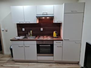 cocina con armarios blancos, fregadero y fogones en Apartmány Bystrá-Chopok en Brezno