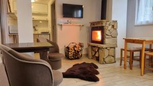 a living room with a stone fireplace and a table and chairs at La Merveille 795-848-628 in Solina