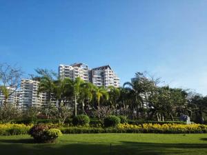 文昌观澜阁海景民宿 阳台看火箭发射 一线海景 石头公园 铜鼓岭的一座有高楼背景的公园