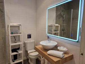 a bathroom with a sink and a toilet and a mirror at Alojamientos Segóbriga Rural (Montaña) in Segorbe