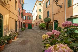 熱那亞的住宿－CoZy House Boccadasse by the sea in Genova，花卉和建筑物的小巷