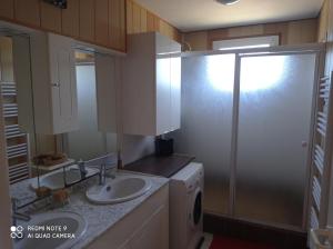 ein kleines Badezimmer mit Waschbecken und Dusche in der Unterkunft Chambre privée dans maison au pied de la montagne noire, 5km de Mazamet in Saint-Amans-Valtoret
