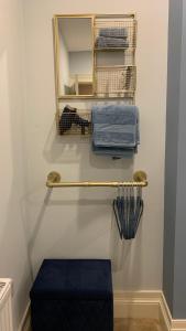 a bathroom with a towel rack and a mirror at ENAS COVE Homely Getaway in Derry Londonderry