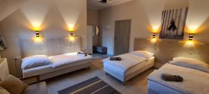 Zimmer mit 2 Betten und Wandbeleuchtung in der Unterkunft Apartament Strumyk in Czarnków