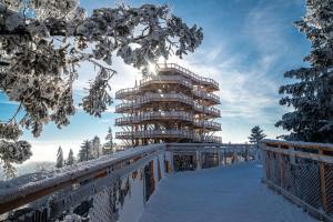 budynek na szczycie pokrytej śniegiem góry w obiekcie Chatynki Premium w Krynicy w mieście Krynica Zdrój
