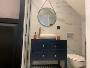 a bathroom with a blue dresser and a mirror at Le studio d’Ambre in Chalon-sur-Saône