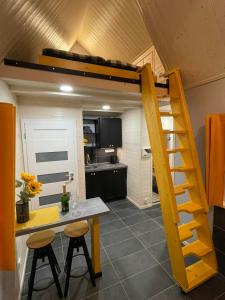 a loft bed in a kitchen with a table and chairs at Privátní wellness domek RockStar in Smržovka