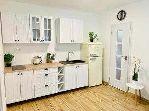 a kitchen with white cabinets and a sink and a refrigerator at Apartmány Jetřichovice - České Švýcarsko in Jetřichovice