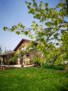 una casa con un césped verde delante de ella en Guest House Ezerets, en Ezerets