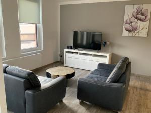 a living room with two chairs and a flat screen tv at Neurenovierte FeWo Harztor in Nordhausen