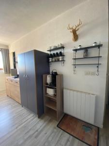 Zimmer mit einer Küche mit einem Schrank und Regalen in der Unterkunft Appartement aux pieds des pistes ! in Les Angles