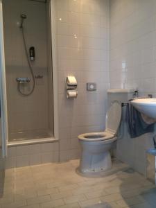a bathroom with a toilet and a sink and a shower at Hotel de Blauwe Vogel in Bergen op Zoom +17 photos