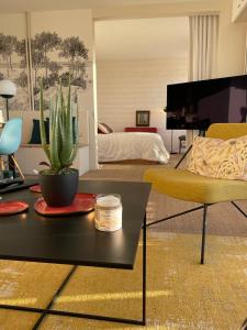 un salon avec un canapé et une table avec un cactus dans l'établissement Appartement de standing vue mer 63 m2, à Trouville-sur-Mer