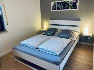 Schlafzimmer mit einem Bett mit blauer Bettwäsche und Kissen in der Unterkunft Ferienwohnung Augenblick in Medebach