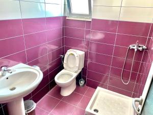 une salle de bains pourpre avec toilettes et lavabo. dans l'établissement Vila Llaka, à Himarë