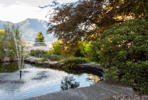 a pond in a garden with mountains in the background at Smart-HOTEL MINUSIO, a Benvenuti Hotel in Locarno