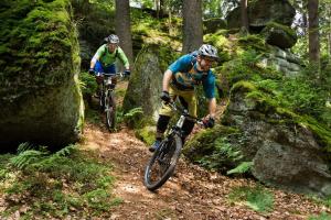 zwei Personen fahren mit dem Fahrrad auf einem Pfad im Wald in der Unterkunft Hotel Barbara in Warmensteinach