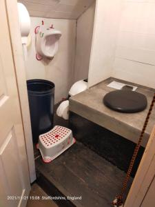 a small bathroom with a toilet and a sink at Leek Camping Barns in Leek