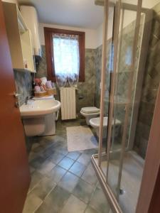 uma casa de banho com um chuveiro, um WC e um lavatório. em APPARTAMENTO CORTAIOLO HOUSE em Vione