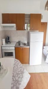 uma pequena cozinha com um lavatório e um fogão em Jana apartman em Crikvenica