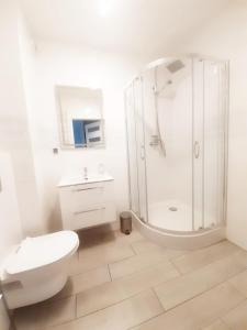 a white bathroom with a shower and a toilet at Apartament Złota Łącza in Zielona Góra
