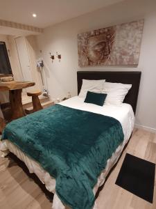 een slaapkamer met een groot bed en een groene deken bij Appartements C'Home un charme in Lannion