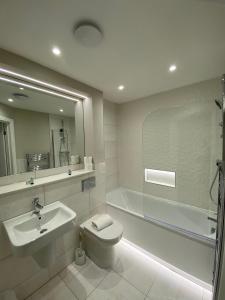 a bathroom with a sink and a toilet and a mirror at Buckingham Apartments in High Wycombe